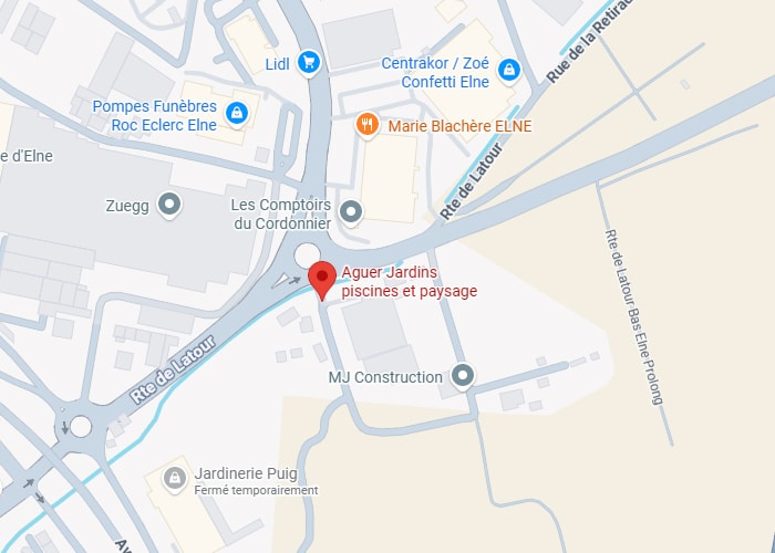 Ager Jardins Piscines Elne : carte d'accès Rte de Latour. Carte d'Elne montrant Ager Jardins piscines et paysage (épingle rouge) à l'intersection de la Rte de Latour, près de Lidl et Marie Blachère.