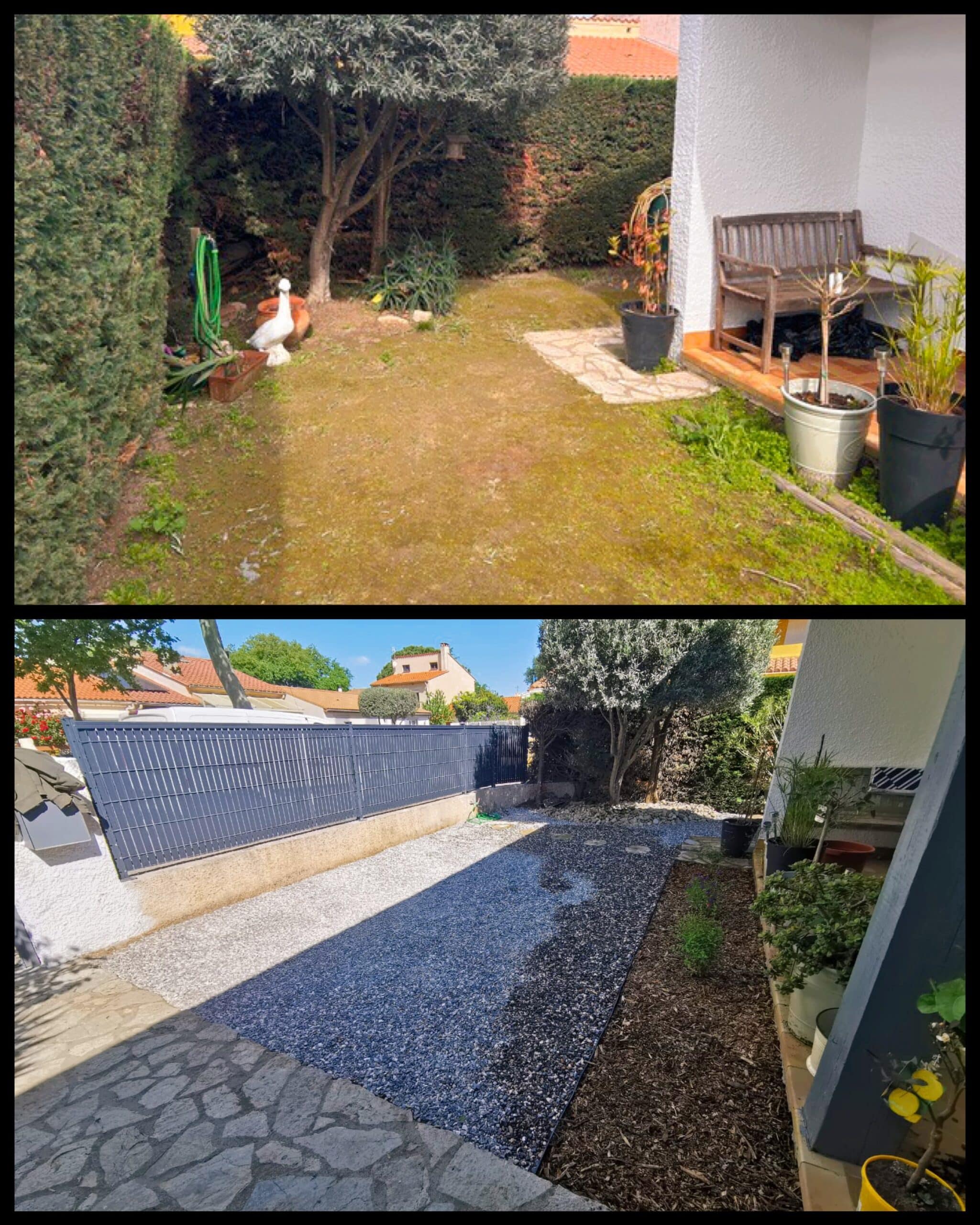 Rénovation de jardin avant après avec gravier décoratif bleu et gris, clôture moderne et aménagement paysager.